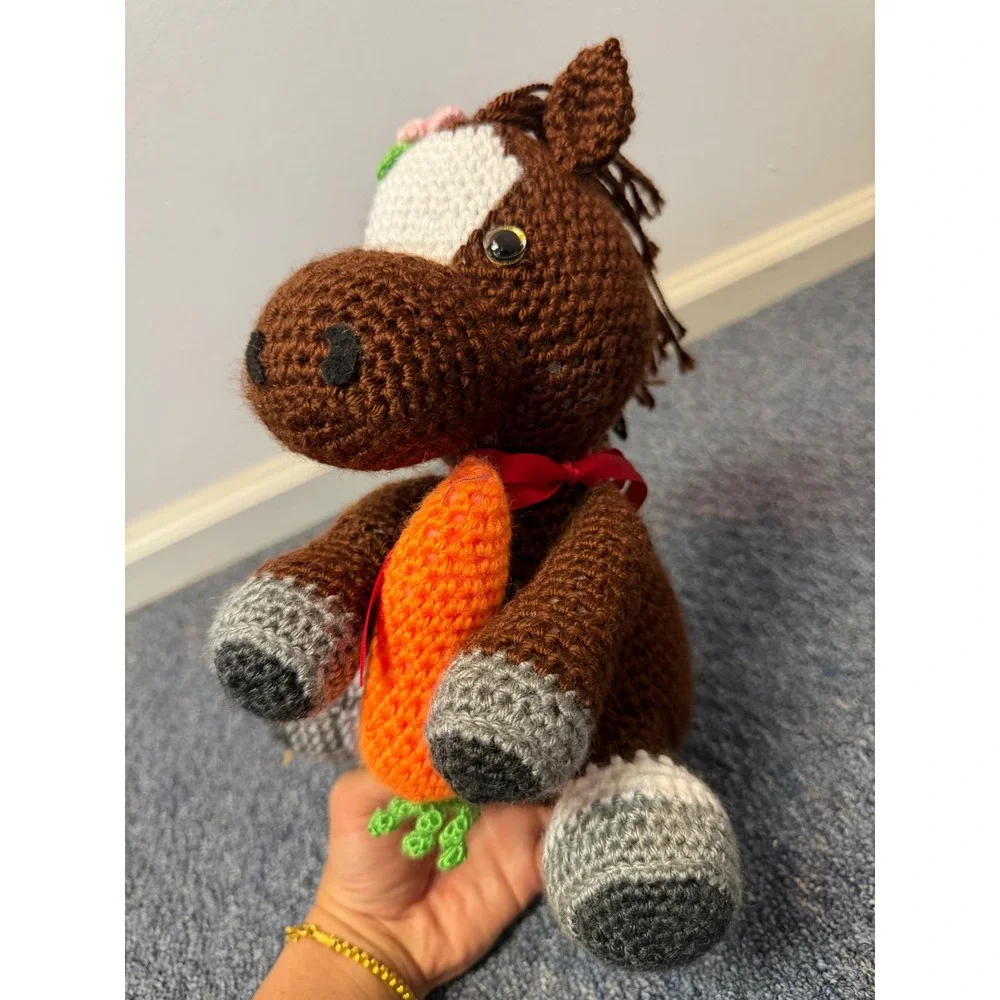 Handmade Crochet Horse Plushie Brown Amigurumi Stuffed Animal with Carrot Flower